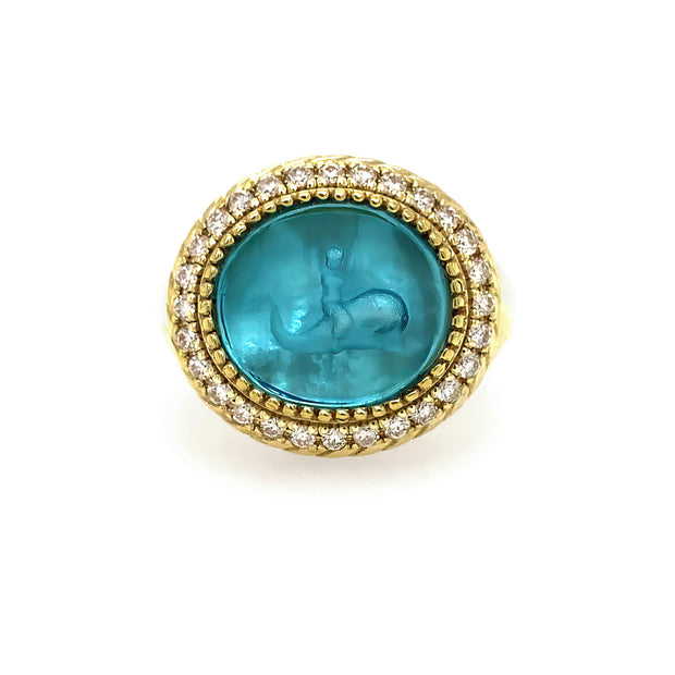 14K Yellow Gold Teal Venetian Glass Ring with Diamonds