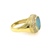 14K Yellow Gold Teal Venetian Glass Ring with Diamonds