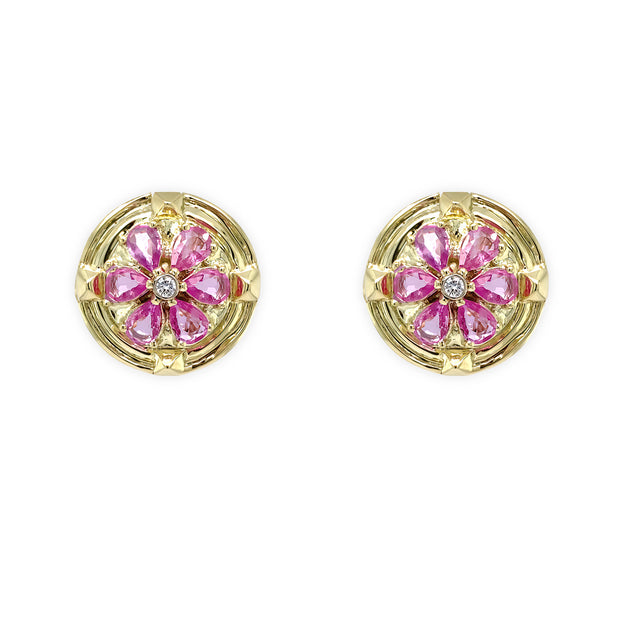 14K Yellow Gold Pink Sapphire and Diamond Earrings