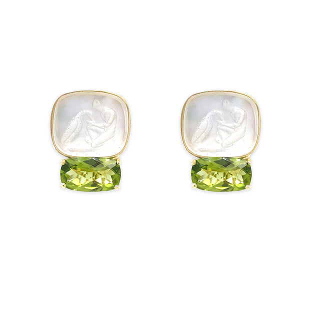 14K Yellow Gold White Venetian Glass and Peridot Earring
