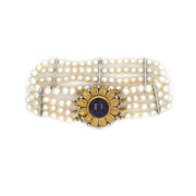 Estate 18K Yellow Gold Pearl Bracelet with Amethyst and Diamond Clasp