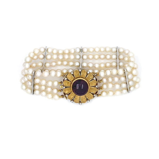 Estate 18K Yellow Gold Pearl Bracelet with Amethyst and Diamond Clasp