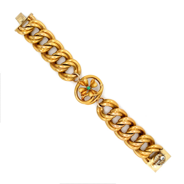Estate 18K Yellow Gold Link Bracelet with Emerald Flower