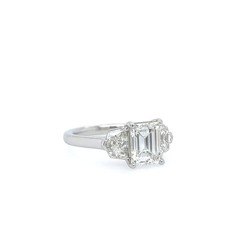 Platinum Emerald Cut Diamond Ring with Epaulette Side Stones