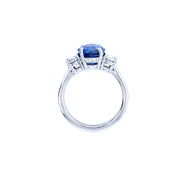 Platinum Three Stone Oval Diamond and Sapphire Ring