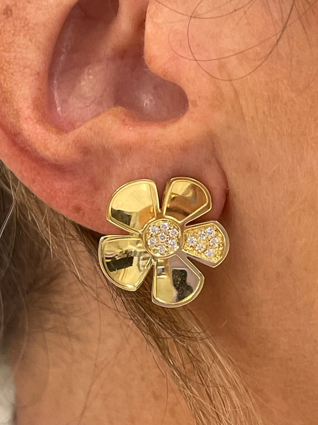 L. Klein 18K Gold Large Floral Earrings with Diamonds
