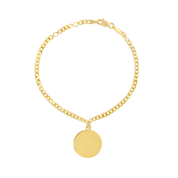 14k Yellow Gold Disc Dangle Curb Chain Adjustable Bracelet
