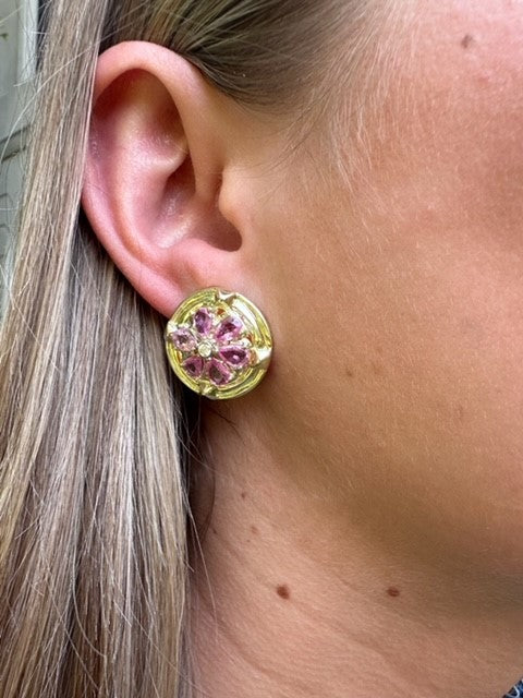14K Yellow Gold Pink Sapphire and Diamond Earrings