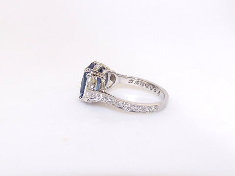 Platinum, Cushion Cut Sapphire and Diamond Ring
