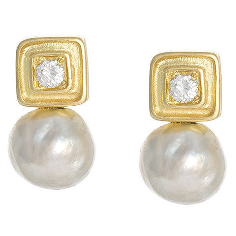 18K Yellow Gold Pearl and Diamond Drop Earrings
