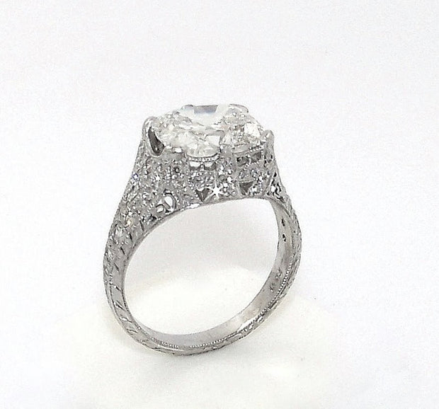 Platinum Art Deco Cushion Cut Diamond Engagement Ring