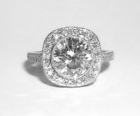 Platinum Art Deco Round Ring With Diamond Halo