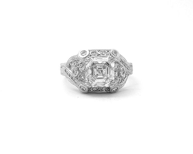 Platinum Asscher Cut Diamond Ring with Halo