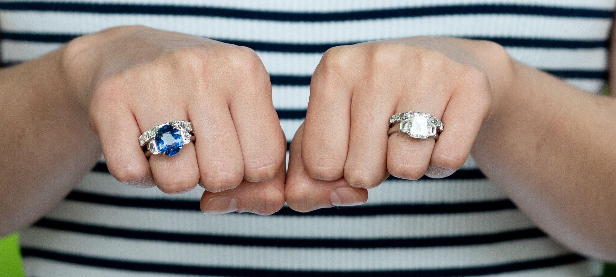 woman wearing custom designed engagement rings