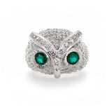 Estate 18K White Gold Owl Ring with Diamonds and Emeralds