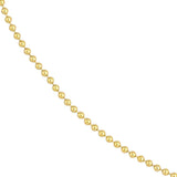 A close-up of a 14K yellow gold beaded chain necklace strand running diagonally from the top left to the bottom right on a plain white background.