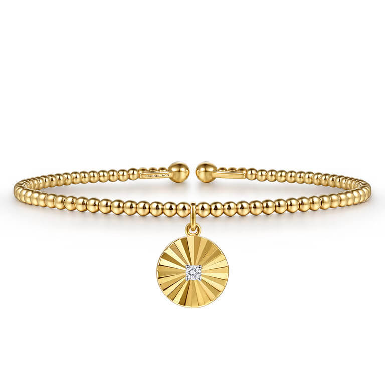 Gabriel & Co. 14K Yellow Gold Bujukan Beaded Diamond Cut Charm Bangle Bracelet