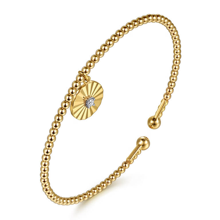 Gabriel & Co. 14K Yellow Gold Bujukan Beaded Diamond Cut Charm Bangle Bracelet