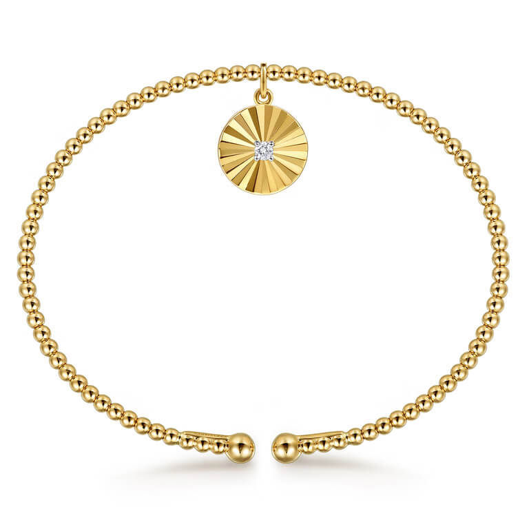 Gabriel & Co. 14K Yellow Gold Bujukan Beaded Diamond Cut Charm Bangle Bracelet