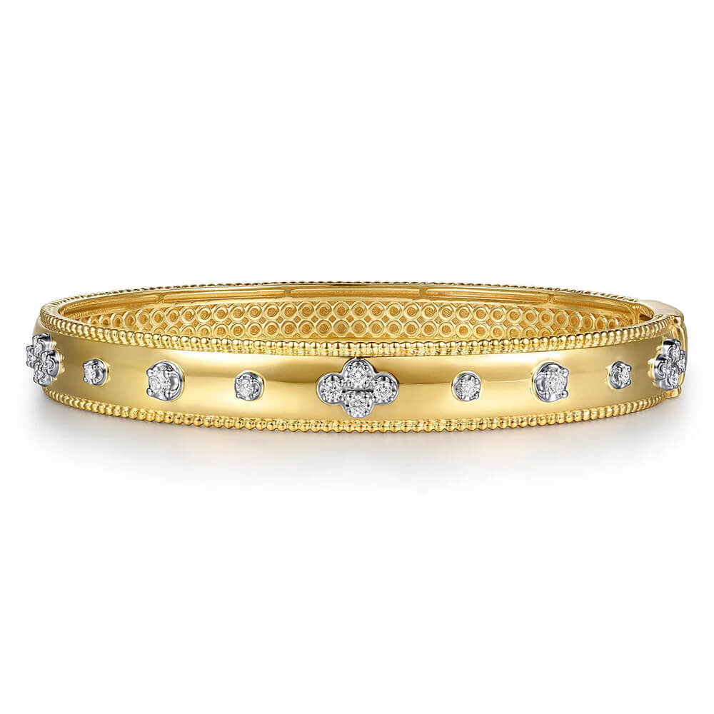 Gabriel & Co. 14K Yellow Gold Bujukan Beaded and Diamond Clover Closed Bangle Bracelet
