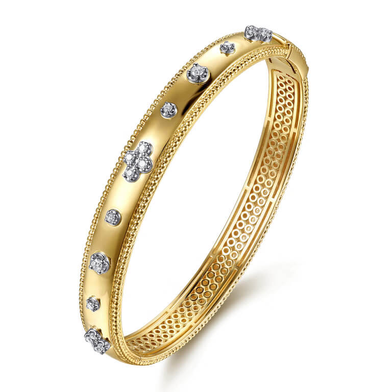 Gabriel & Co. 14K Yellow Gold Bujukan Beaded and Diamond Clover Closed Bangle Bracelet