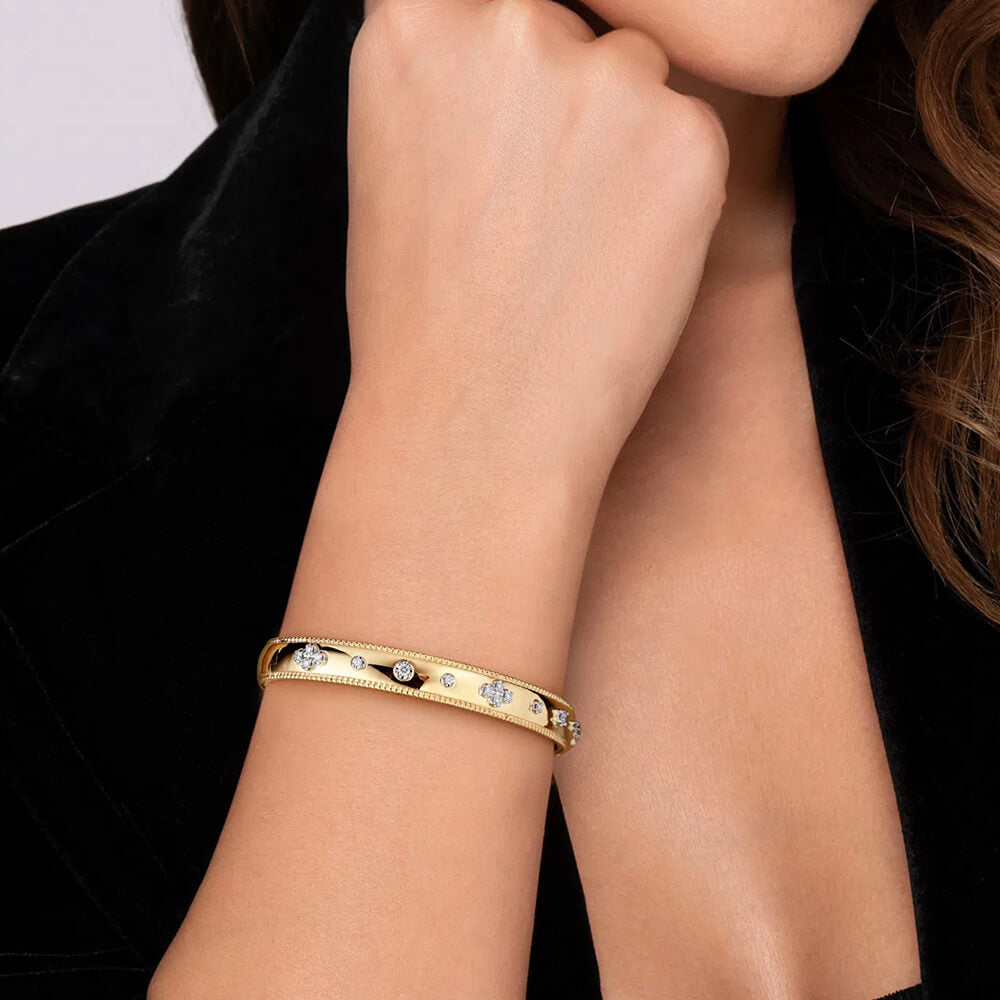 Gabriel & Co. 14K Yellow Gold Bujukan Beaded and Diamond Clover Closed Bangle Bracelet