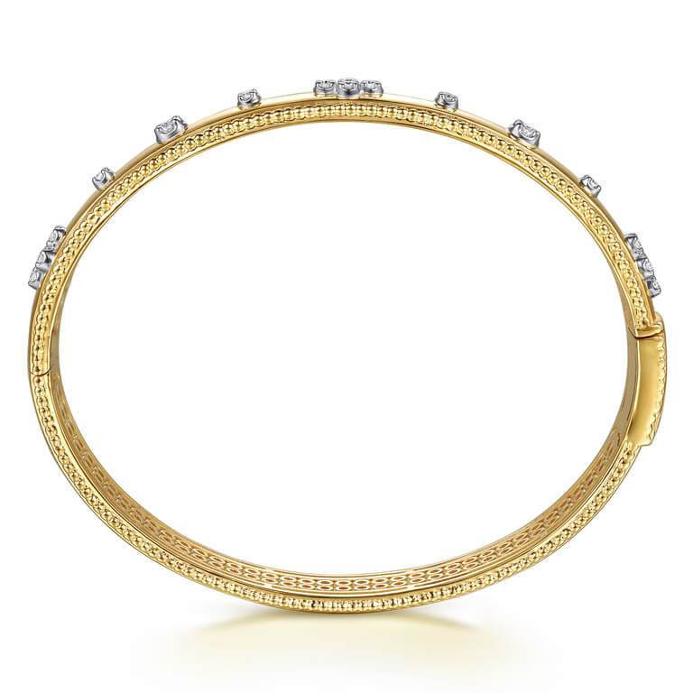Gabriel & Co. 14K Yellow Gold Bujukan Beaded and Diamond Clover Closed Bangle Bracelet