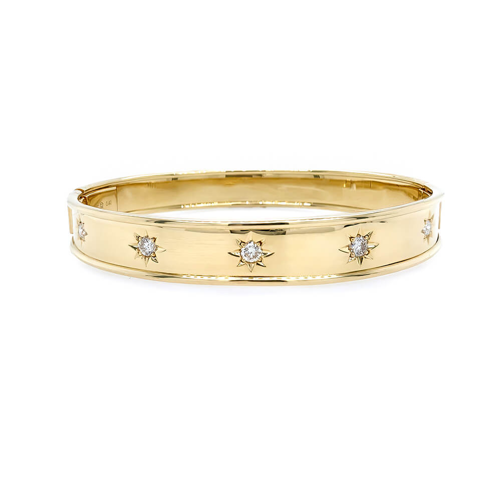 14K Yellow Gold bracelet with etched diamond star accents
