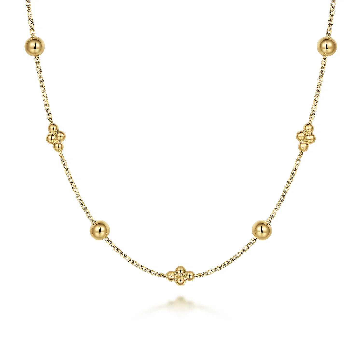 14K Gold necklace with spherical beads on a white background