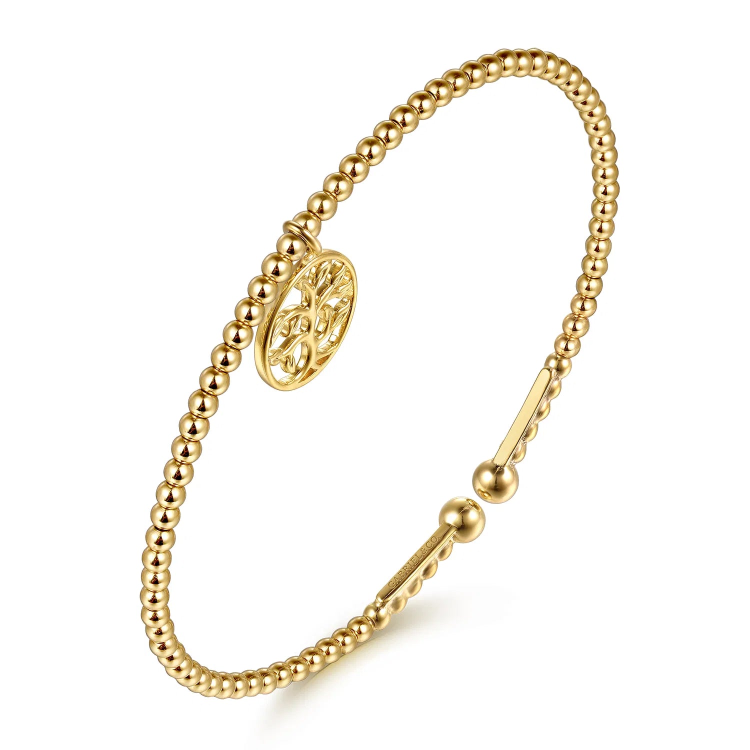 A 14k gold beaded bangle bracelet with a circular tree of life charm, shown on a clean white background.