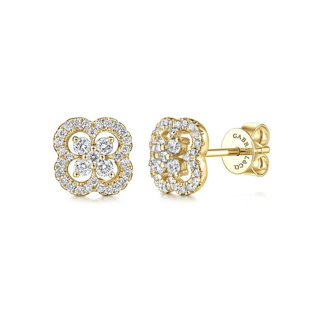 Gabriel & Co. 14K Yellow Gold clover cutout earrings with diamond accents on a white background