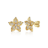 14K Yellow Gold flower-shaped earrings with diamond accents on a white background