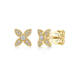 14KGold flower-shaped earrings with diamonds on a white background
