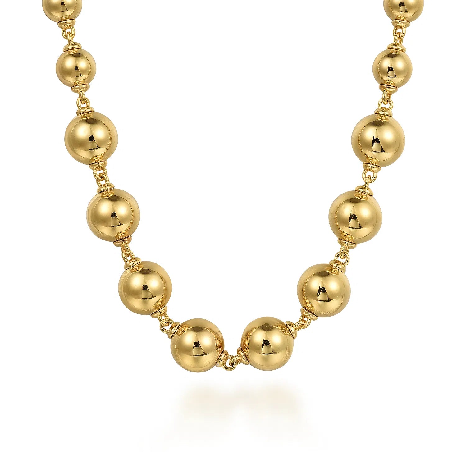 A gold beaded necklace with large, polished spherical beads connected by delicate chain links, shown on a clean white background.