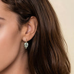 yellow gold green amethyst pear drop earrings on model ear 