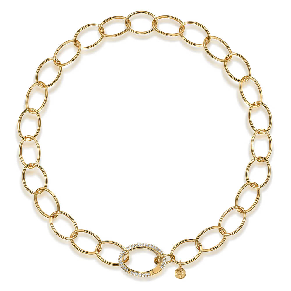A 14K yellow gold chain necklace with large oval links and a central oval clasp paved with small clear diamonds, shown on a plain white background.