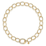 A 14K yellow gold chain necklace with large oval links and a central oval clasp paved with small clear diamonds, shown on a plain white background.
