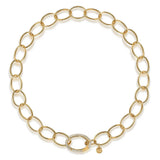 A 14K yellow gold chain necklace with large oval links and a central oval clasp paved with small clear diamonds, shown on a plain white background.