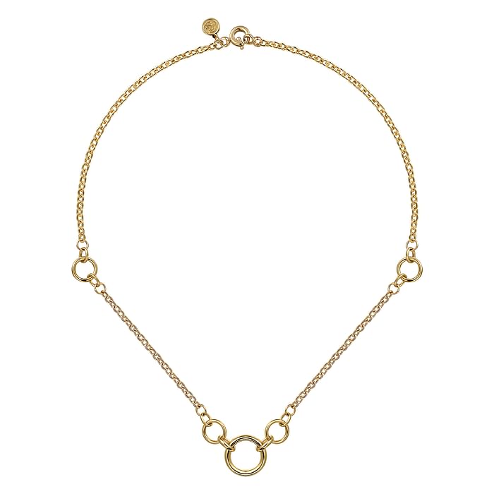 A 14K yellow gold tube link necklace with a length of 17 inches, featuring a series of connected circular elements.