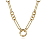 A 14K gold chain necklace featuring a unique design with alternating paperclip-style links and interlocking ring links, centered on a plain white background.