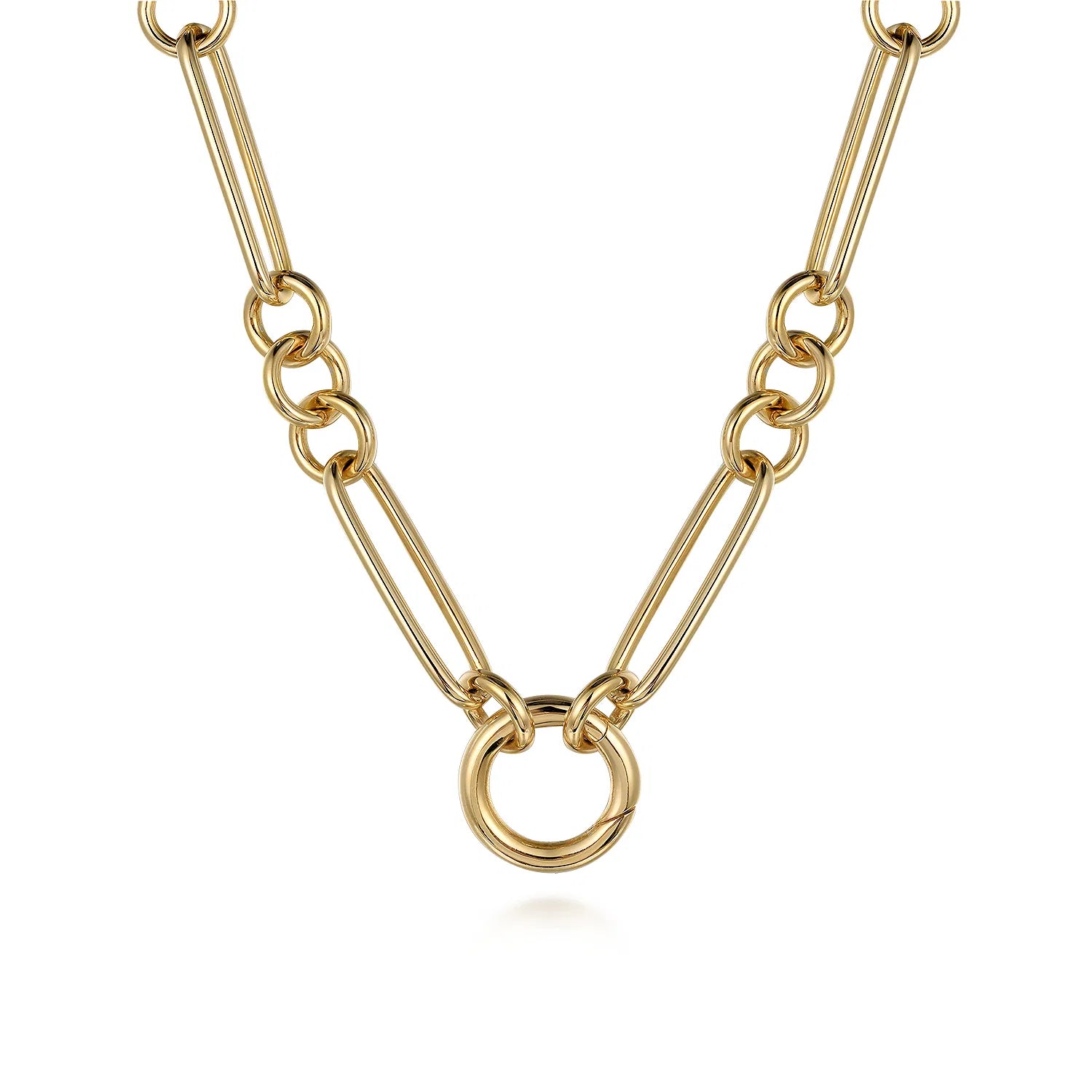 A 14K gold chain necklace featuring a unique design with alternating paperclip-style links and interlocking ring links, centered on a plain white background.