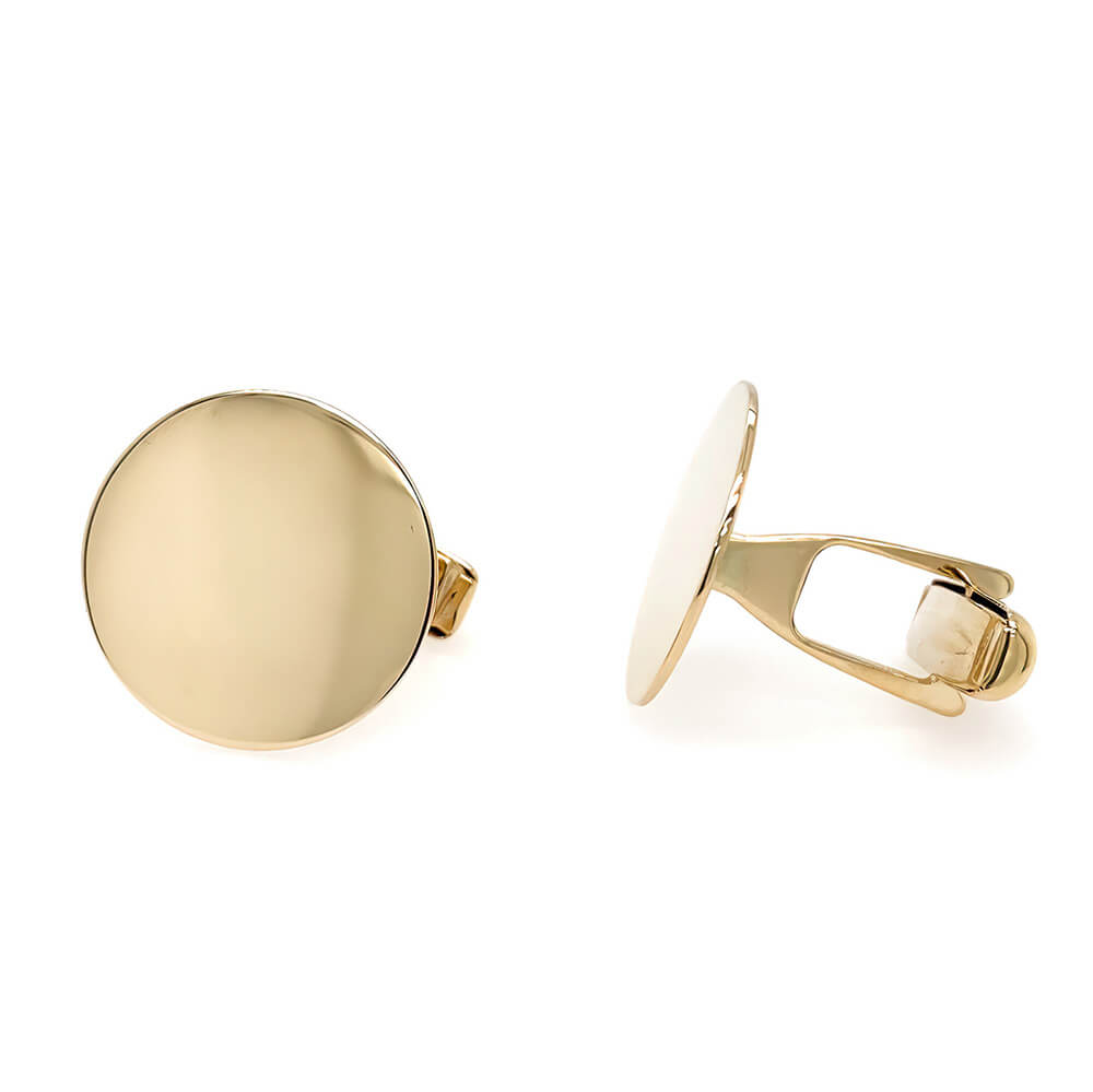 A pair of 14K yellow gold round polished cufflinks on a white background