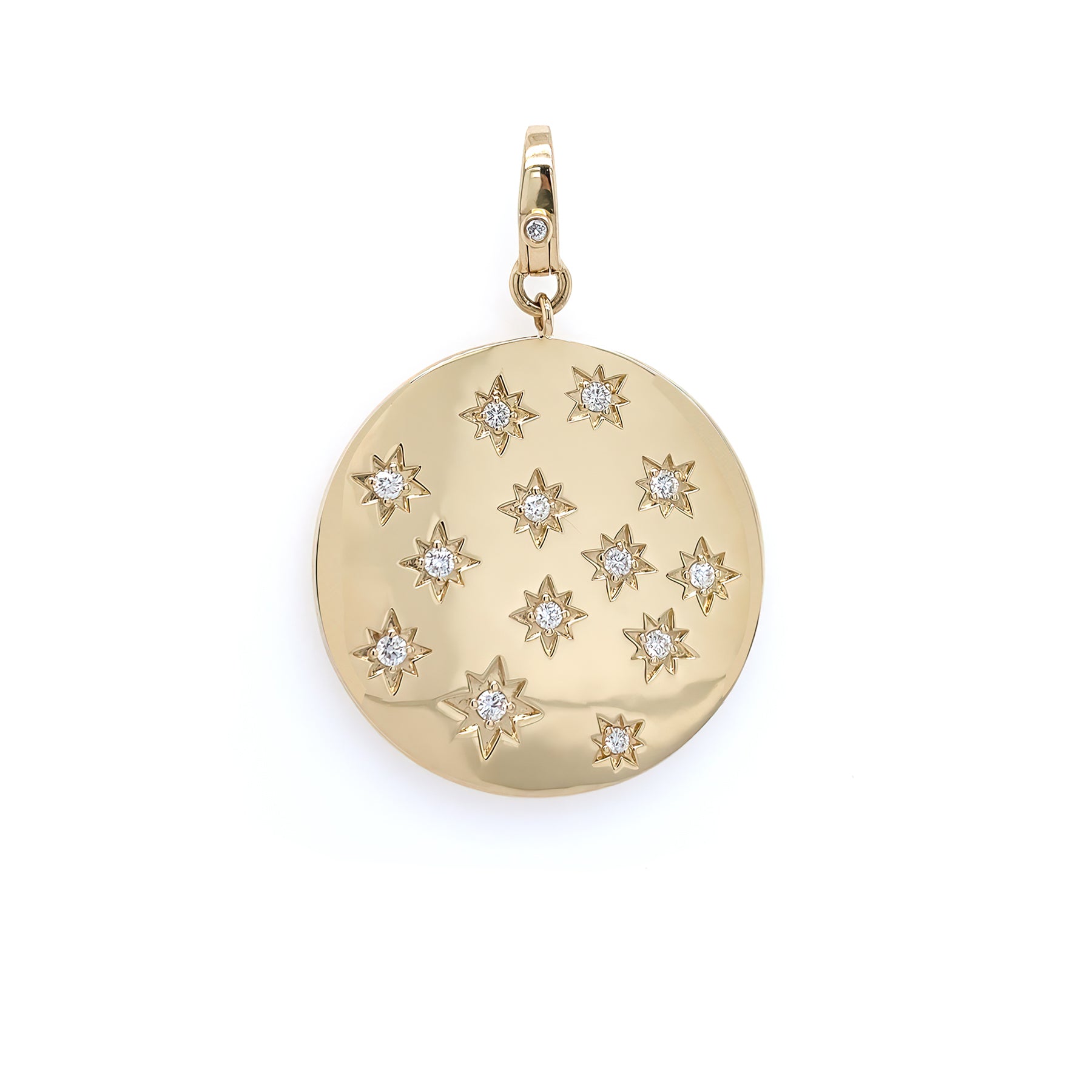 A 14K gold pendant with multiple star-shaped diamond designs