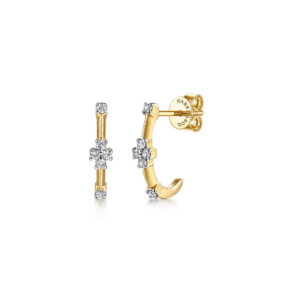 14K yellow gold J hoop earrings with white sapphire accents on a white background