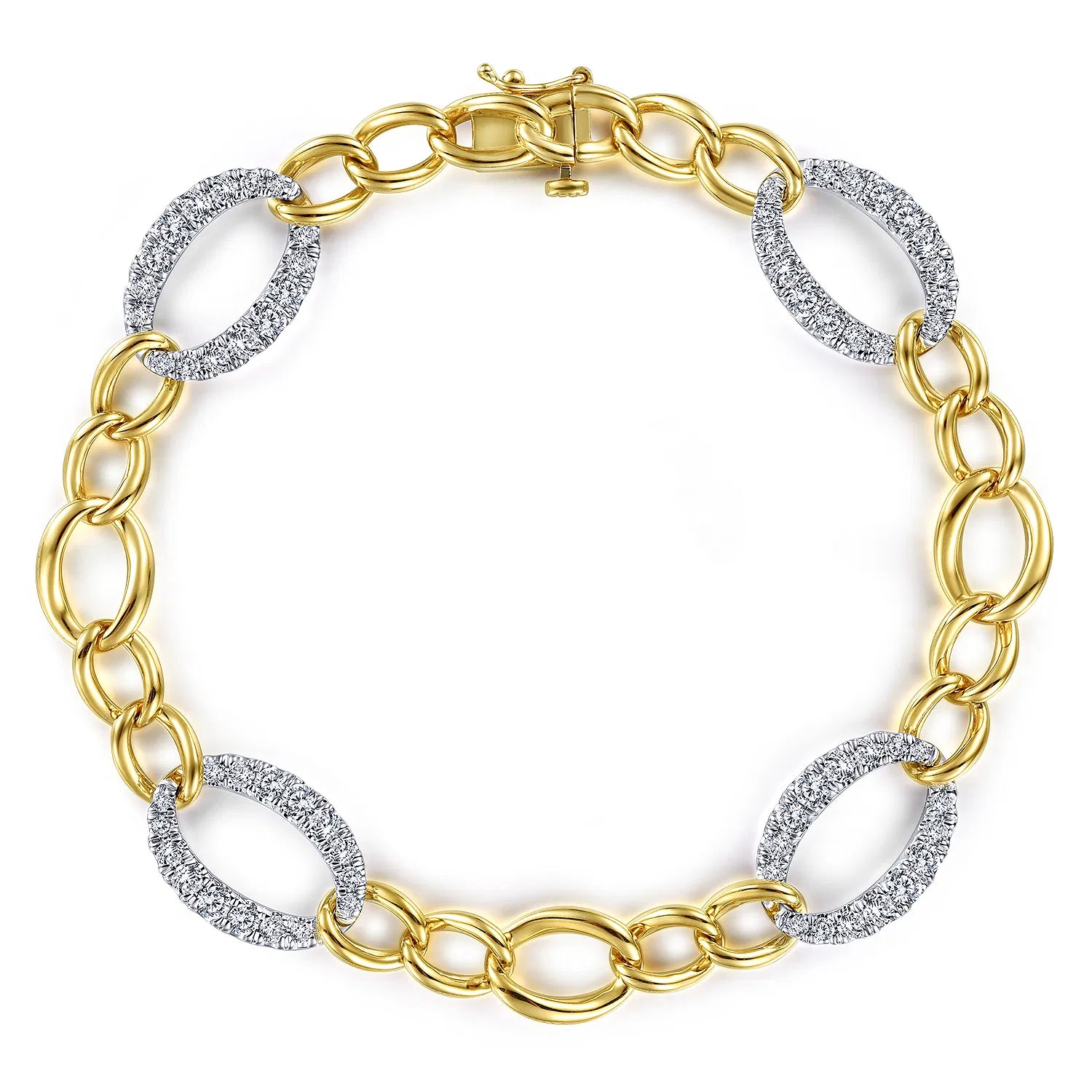 A 14K yellow gold chain bracelet with oval white gold links and pavé-set clear stones on alternating oval links, shown on a plain white background.