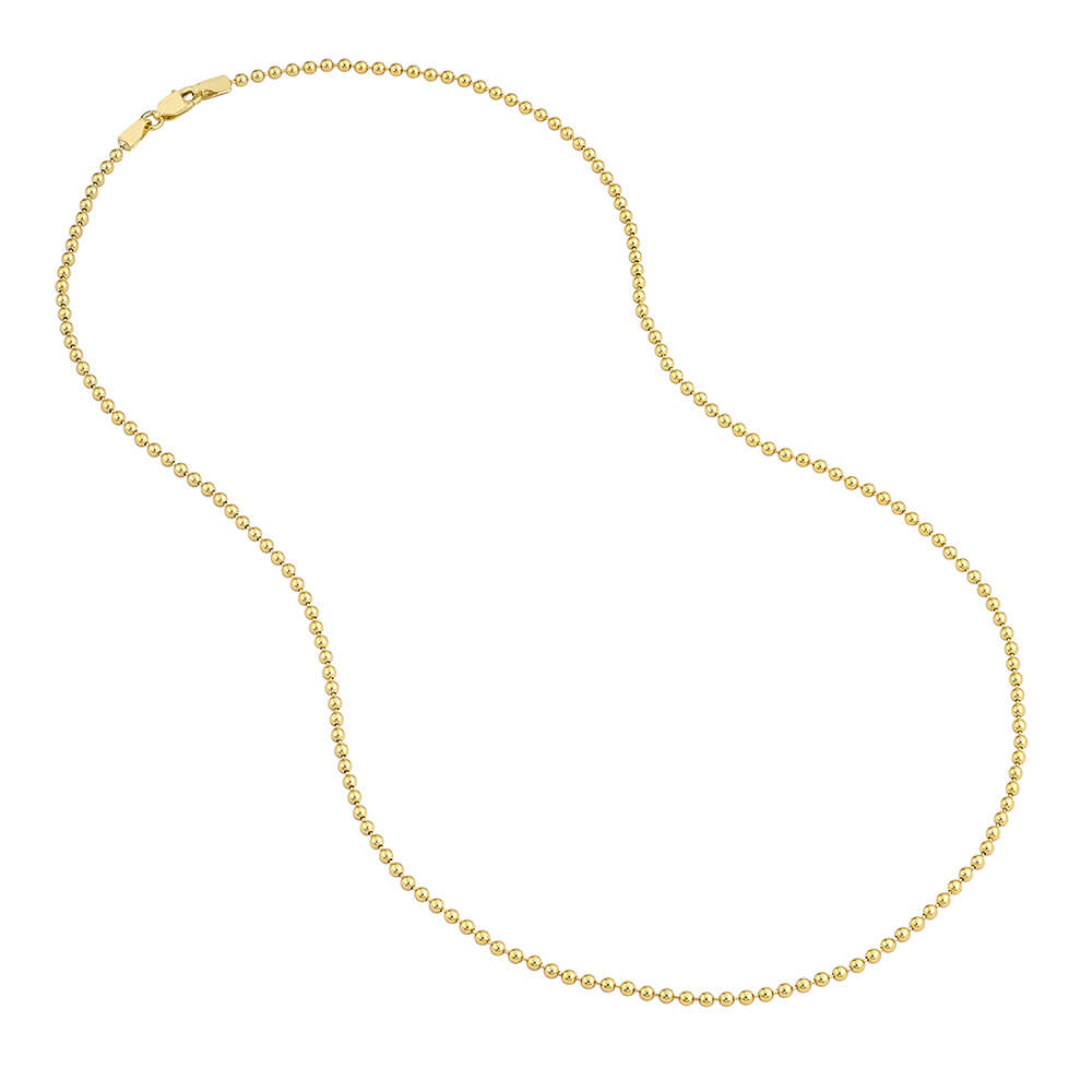 14K yellow gold bead chain necklace on a white background