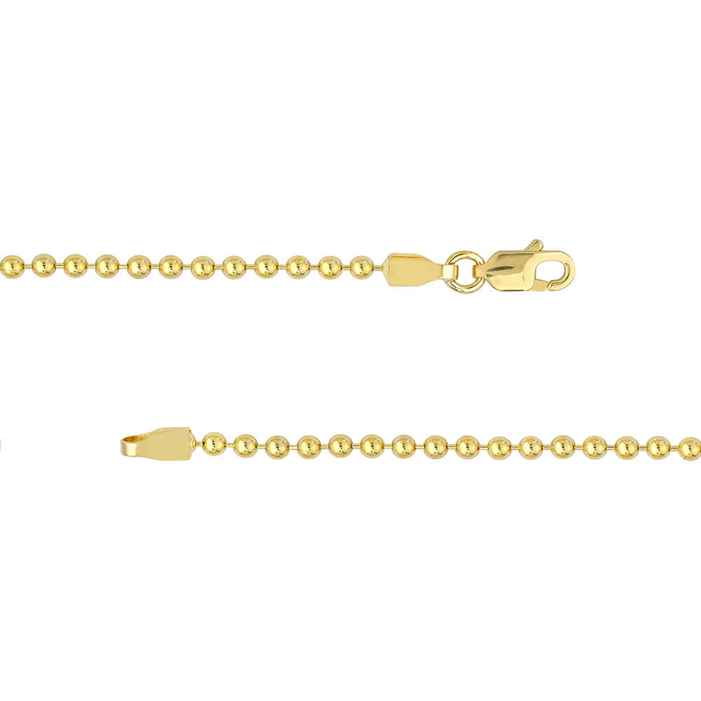 A close-up of a 14K yellow gold bead chain necklace showing the lobster clasp and connector end against a plain white background.