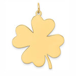 A polished 14K yellow gold four-leaf clover pendant charm with a small integrated top loop, shown on a clean white background.