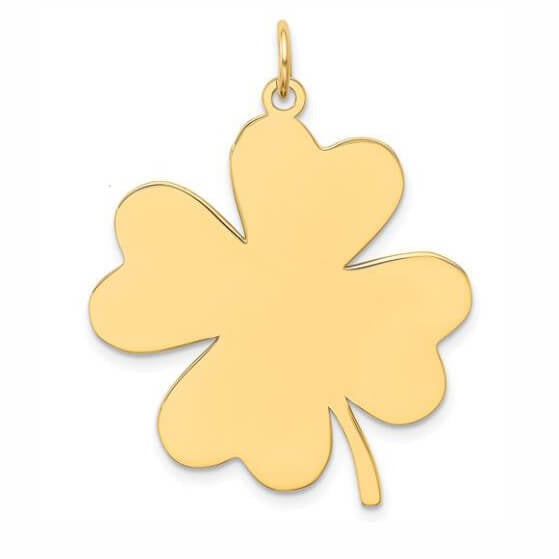 A polished 14K yellow gold four-leaf clover pendant charm with a small integrated top loop, shown on a clean white background.