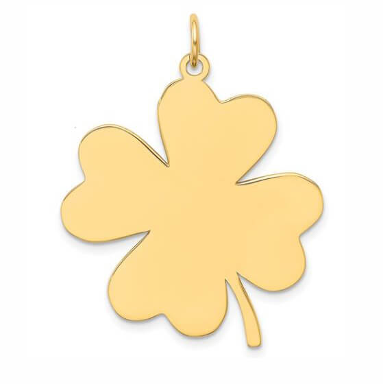 A polished 14K yellow gold four-leaf clover pendant charm with a small integrated top loop, shown on a clean white background.